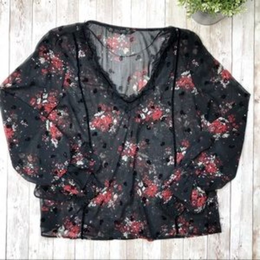3/$30🌼 ZARA BASIC Sheer Black Floral Ruffle Top